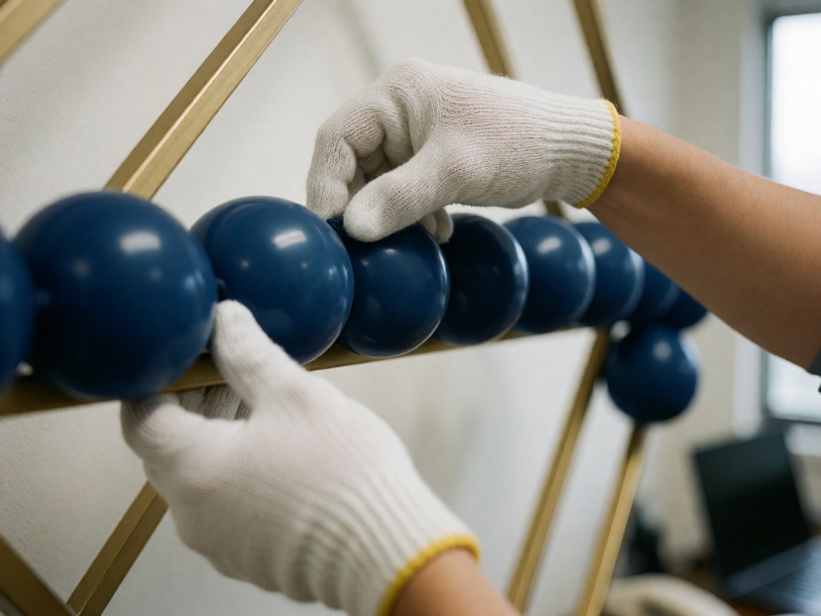 Des mains portant des gants blancs installent avec soin des ballons bleus sur un cadre doré, détail de décoration pour un événement en bureau.
