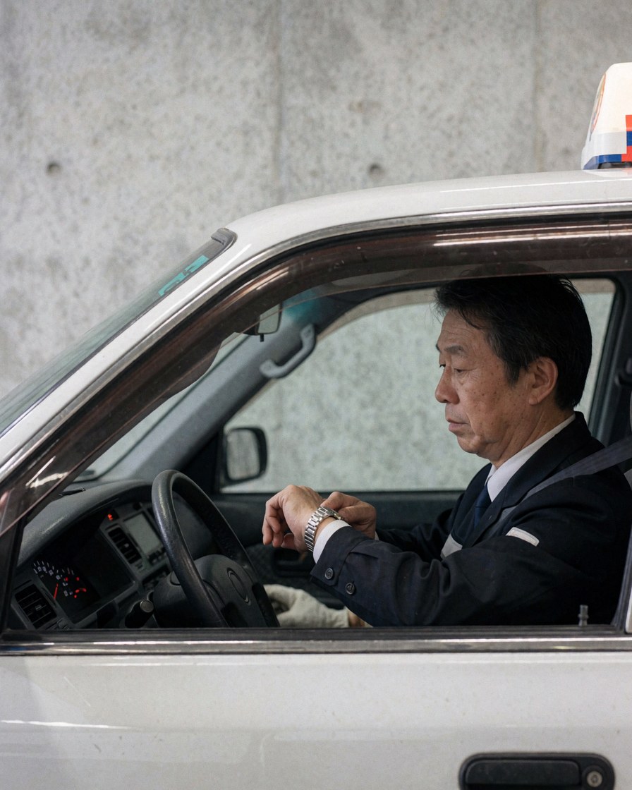 Un chauffeur de taxi assis dans son véhicule stationné consulte sa montre. L'éclairage intérieur et un mur en béton sont visibles en arrière-plan.