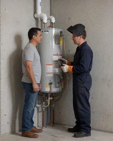Plombier avec casque de soudage explique un chauffe-eau à un client devant un mur en béton.