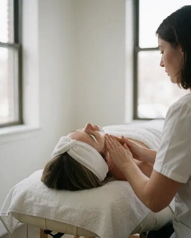 Une esthéticienne réalise un massage du visage avec un gommage sur une cliente allongée sur une table de massage dans un spa lumineux.