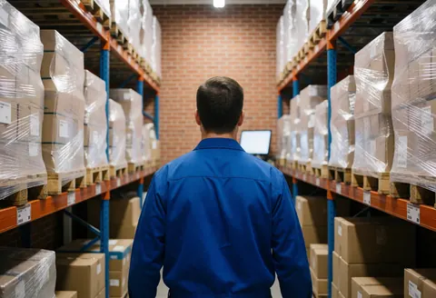 Employé d'entrepôt marchant dans un couloir entre des étagères avec des palettes de marchandises emballées en plastique, des murs en briques et un éclairage professionnel.