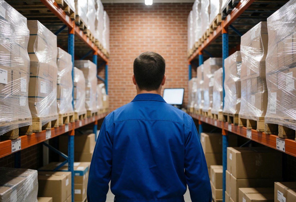 Employé d'entrepôt marchant dans un couloir entre des étagères avec des palettes de marchandises emballées en plastique, des murs en briques et un éclairage professionnel.