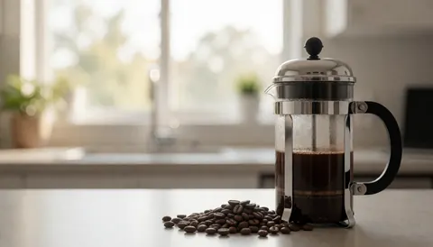 Une cafetière française remplie de café frais posée sur un plan de travail, entourée de grains de café, avec une lumière matinale douce et une fenêtre floue en arrière-plan.