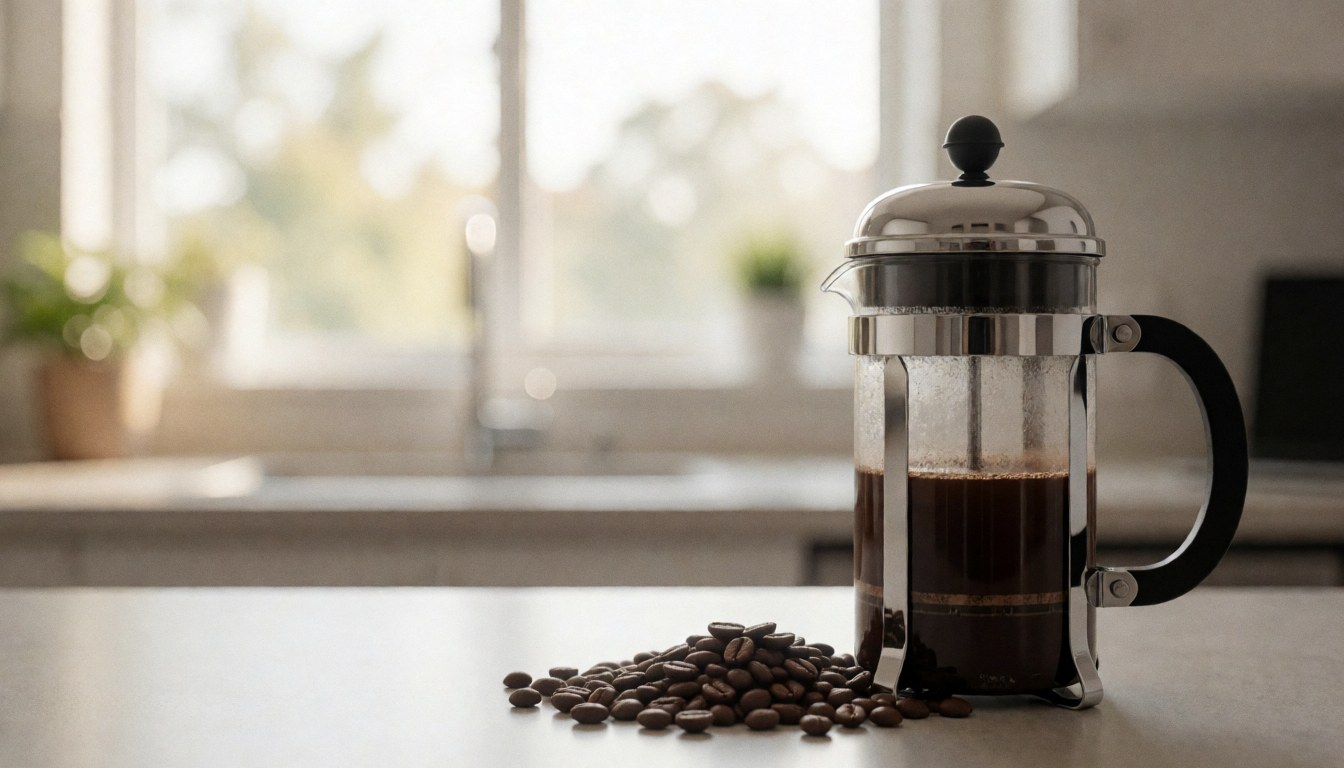 Une cafetière française remplie de café frais posée sur un plan de travail, entourée de grains de café, avec une lumière matinale douce et une fenêtre floue en arrière-plan.