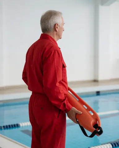 Sauveteur en uniforme rouge tenant une planche de sauvetage, surveillant une piscine intérieure aux lignes et murs blancs.
