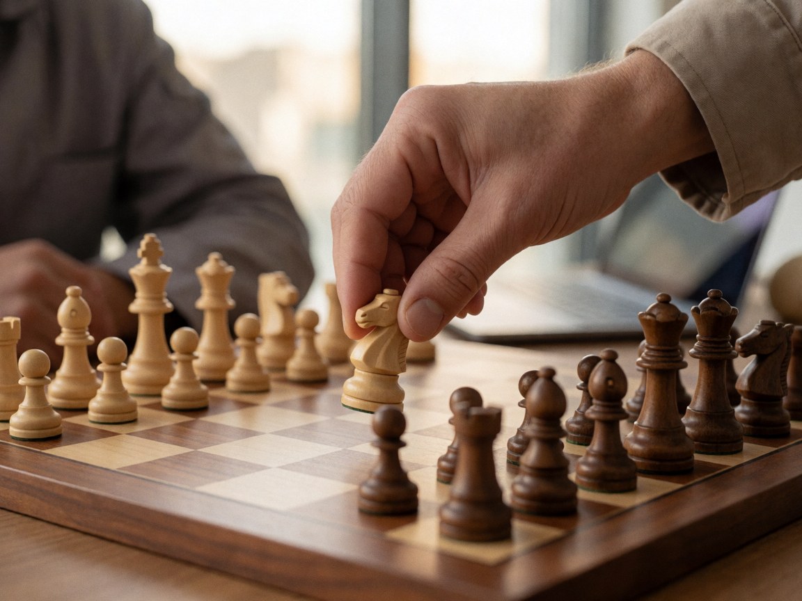 Gros plan d'une main déplaçant un cavalier sur un échiquier en bois avec une lumière naturelle, idéal pour illustrer une école d'échecs ou un jeu de stratégie.