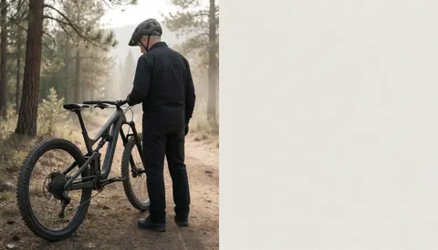 Un adulte portant un casque et un vélo de montagne sur un sentier parmi les pins avec une lumière douce, idéal pour une page d'accueil de site web.