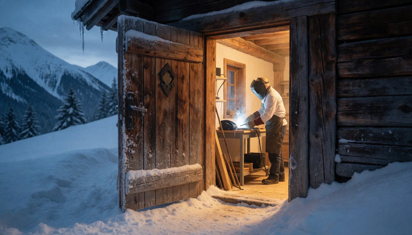 Porte en bois dans la montagne avec lumière chaude, personne avec casque de soudeur travaillant à l'intérieur.