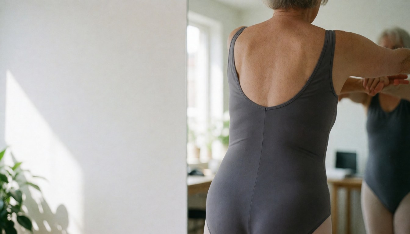 Une femme adulte effectue des étirements devant un grand miroir dans un studio de danse aux murs blancs éclairé par la lumière naturelle.
