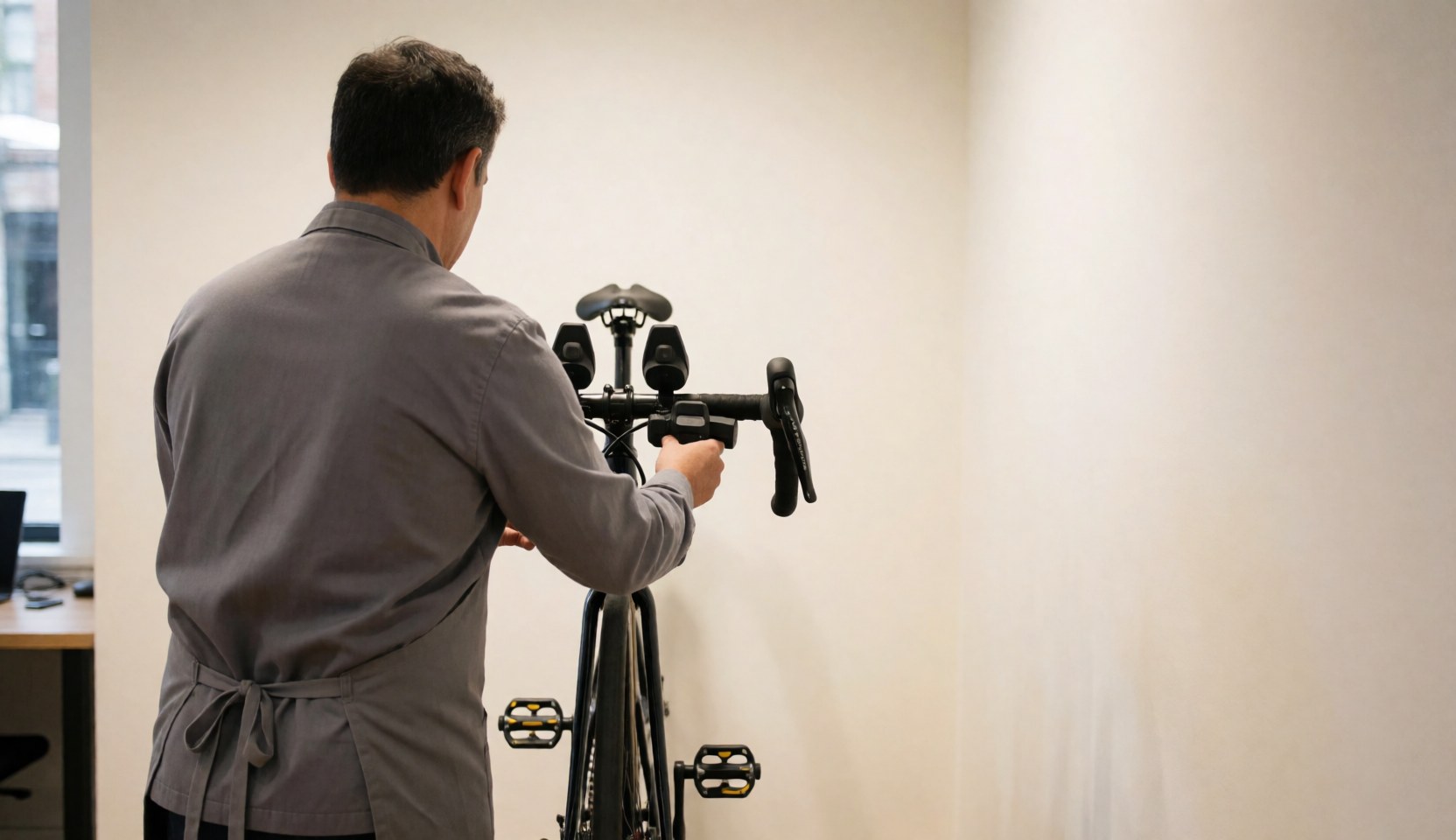 Un technicien ajuste un vélo dans un studio aux murs blancs, avec un espace vide à droite pour ajouter du texte.