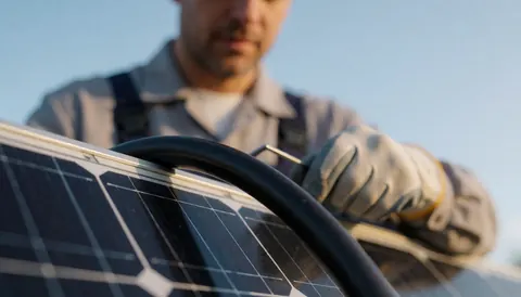 Main gantée effectuant une réparation sur un panneau solaire avec un câble noir visible sous un ciel bleu en lumière naturelle.