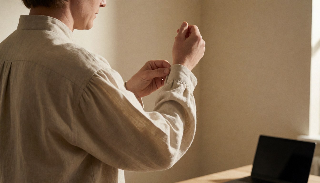 Vue de dos d'une personne ajustant la manche d'une chemise en lin dans une pièce aux murs beige avec un ordinateur portable sur une table