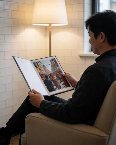 Un homme est assis sur une chaise confortable et consulte un portfolio de photographies dans une pièce aux murs carrelés et éclairée par une lampe.