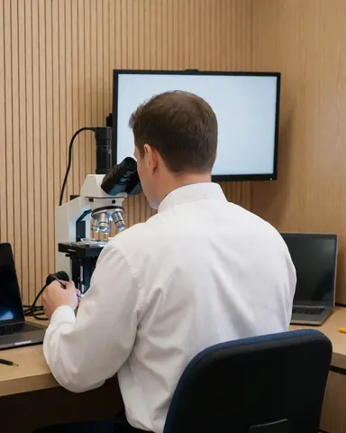 Technicien de réparation d'appareils photo travaillant avec un microscope dans un atelier, murs en bois et moniteur, scène professionnelle et réaliste.