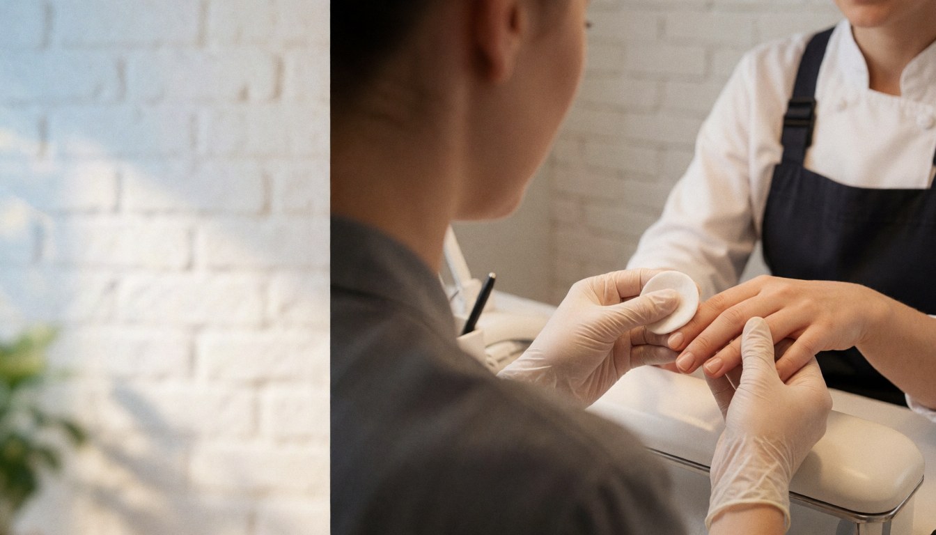Manuciste portant des gants applique un produit sur la main du client posée sur une table de manucure devant un mur de briques blanches.