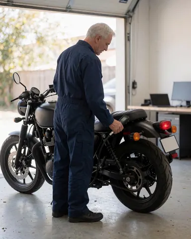 Mécanicien en uniforme bleu examine la pression du pneu arrière d'une moto noire dans un garage bien éclairé par la lumière naturelle.