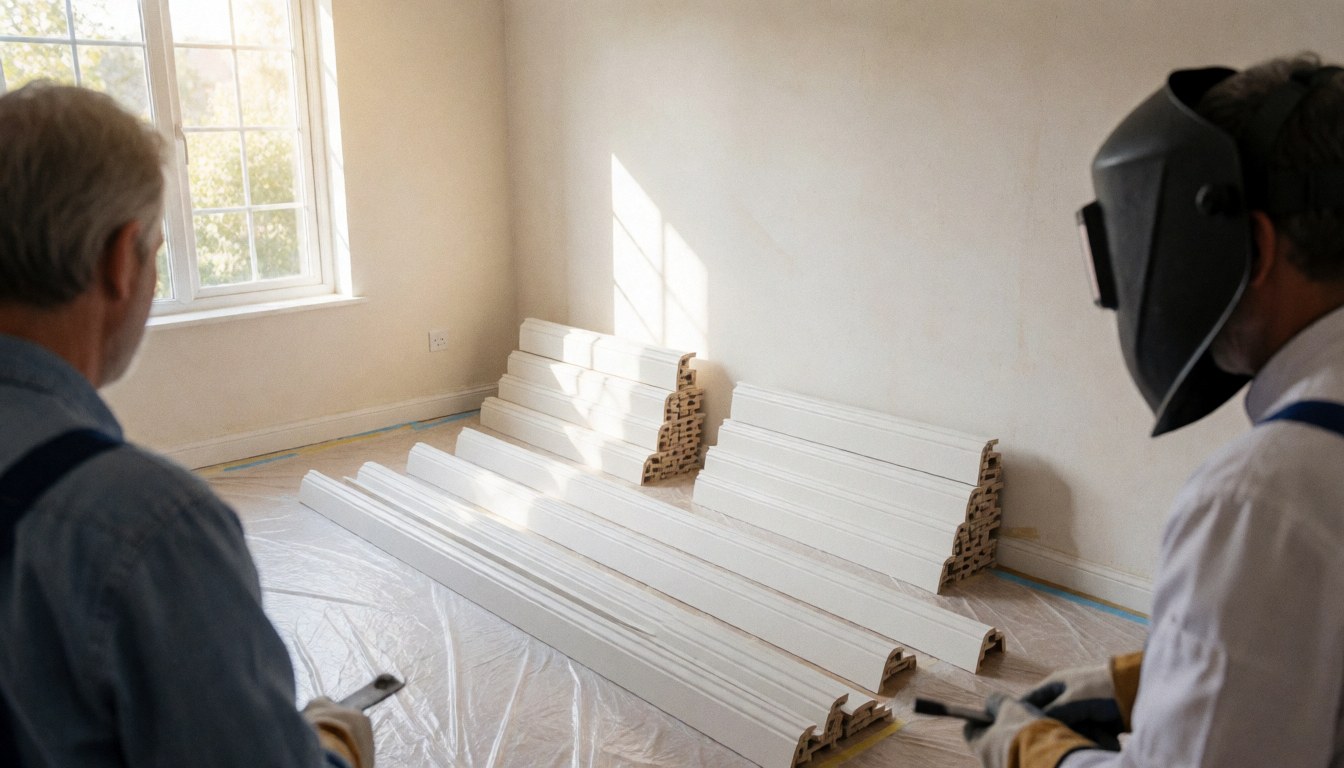 Deux professionnels posent des plinthes blanches dans une pièce éclairée par le soleil, le sol étant protégé par un plastique.