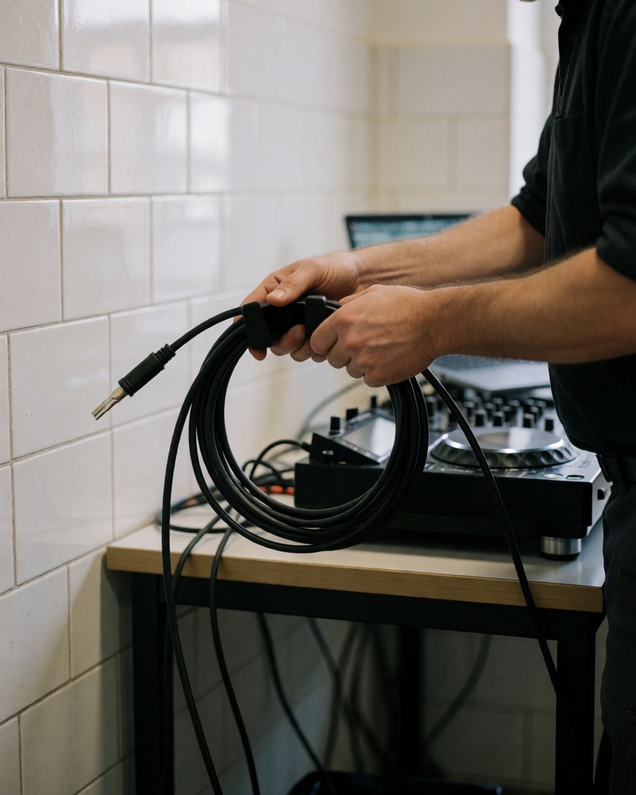 Un DJ professionnel enroule soigneusement un câble noir sur une table équipée d'un mélangeur, devant un mur de carreaux blancs, dans un contexte de fête.