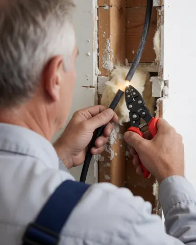 Un électricien en train de couper l'isolation d'un câble noir avec des ciseaux sur un mur en bois avec du plâtre et des fibres d'isolation.