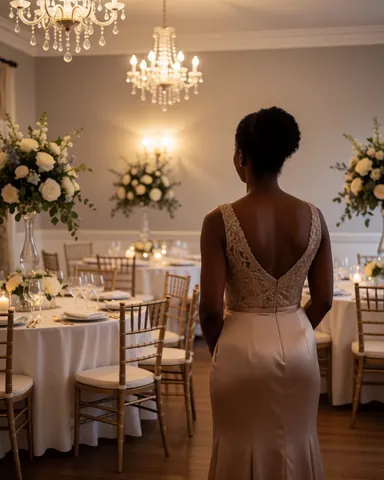 Une femme en robe de soirée observe une salle de banquet décorée avec élégance, tables blanches, fleurs et bougies.