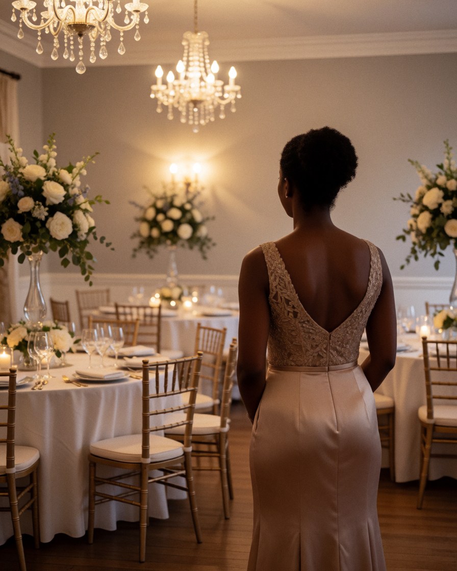 Une femme en robe de soirée observe une salle de banquet décorée avec élégance, tables blanches, fleurs et bougies.
