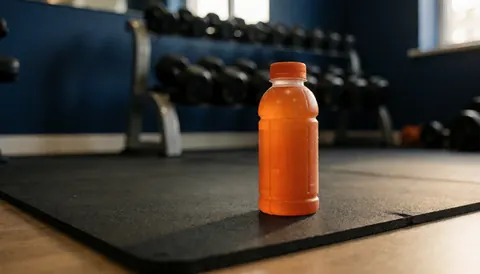Bouteille de boisson orange posée sur un tapis de caoutchouc noir dans un gymnase avec des machines de musculation et un mur bleu marine.