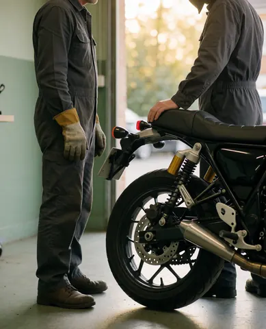 Mécanicien et client examinant les freins arrière d'une moto dans un atelier avec lumière naturelle et murs verts.