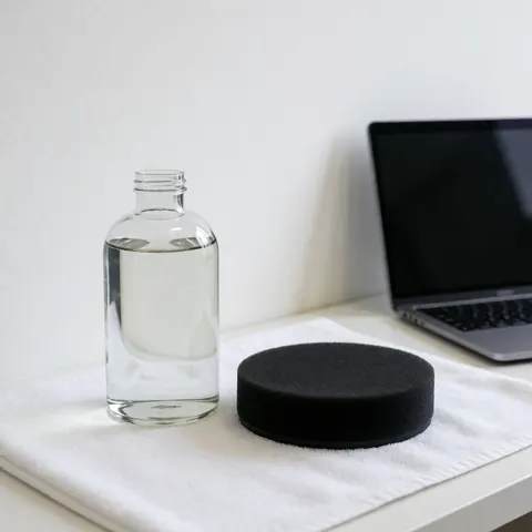 Bouteille transparente de produit de lavage automobile avec applicateur noir posé sur une serviette blanche, outils professionnels pour la protection des véhicules.