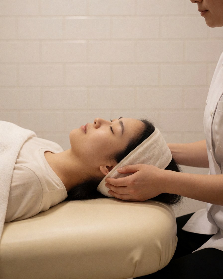 Un thérapeute applique une compresse froide sur un client allongé sur une table de traitement dans un environnement professionnel et relaxant.