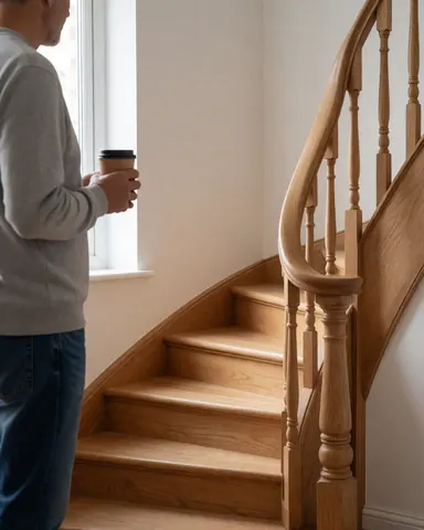 Client satisfait contemplant un escalier en bois courbe installé, dans un intérieur lumineux avec murs blancs.