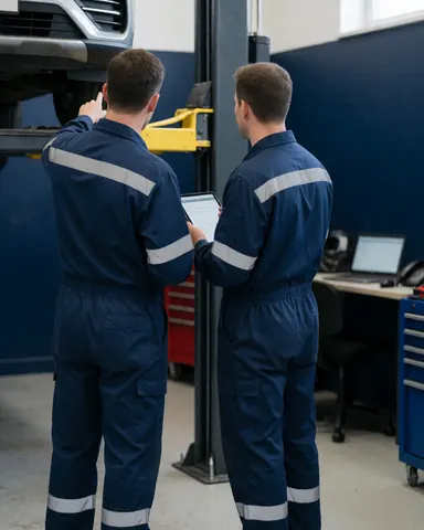 Deux mécaniciens en tenue avec bandes réfléchissantes inspectent une voiture sur un élévateur à l'aide d'une tablette dans un atelier automobile.