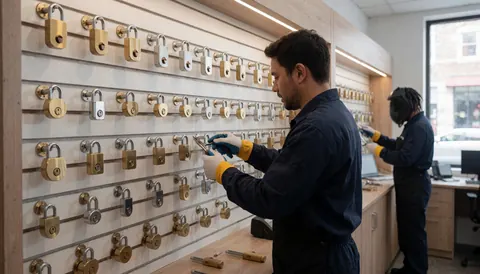 Un serrurier professionnel ajuste une serrure sur un mur d'exposition dans un magasin moderne.