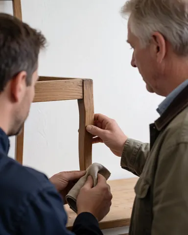 Un client examine une chaise en bois restaurée pendant que le menuisier la polit avec un chiffon dans un atelier à mur blanc.