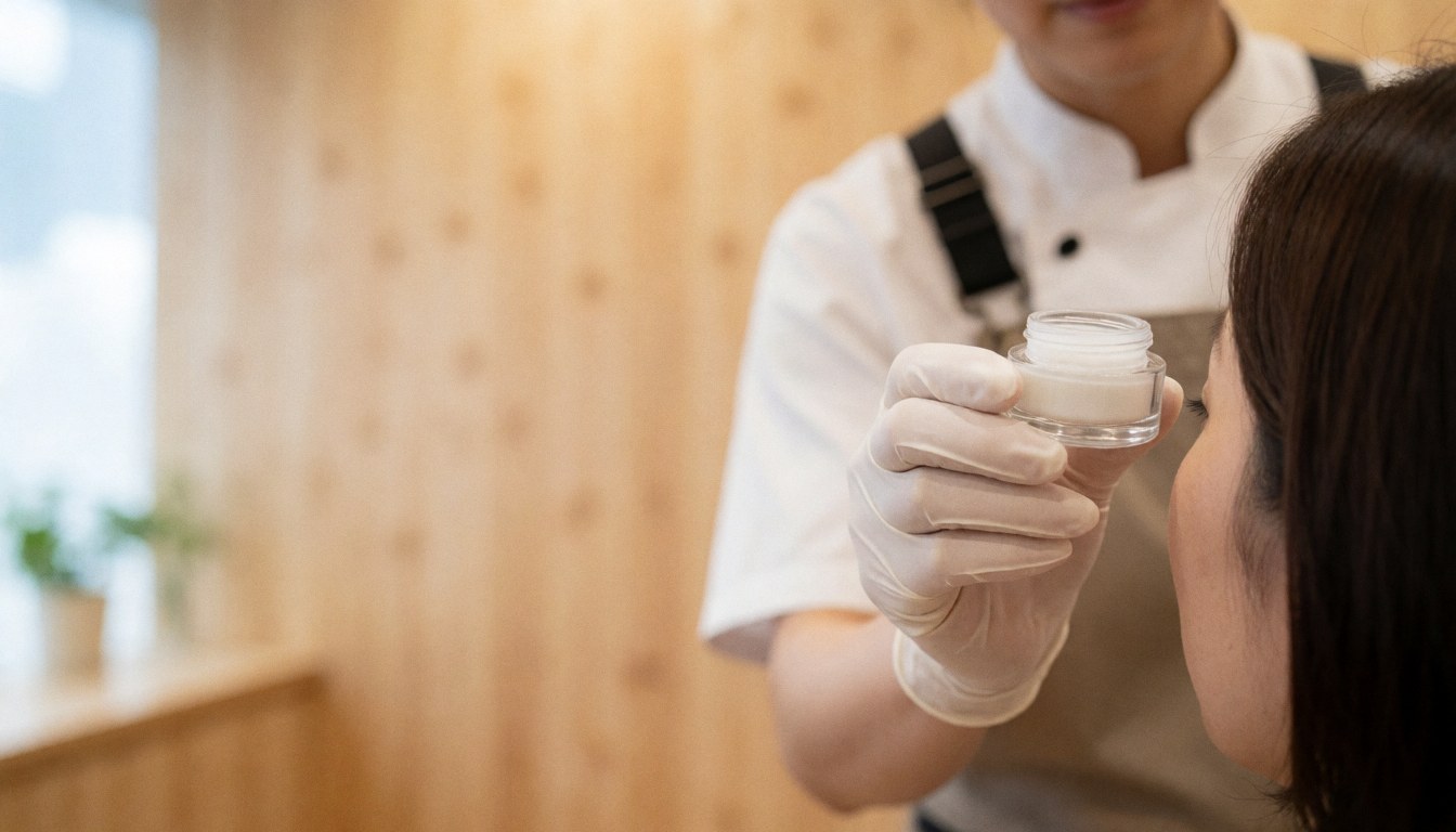 Professionnelle en gants blancs tenant un récipient de gel devant l'œil d'un client dans un salon de beauté.