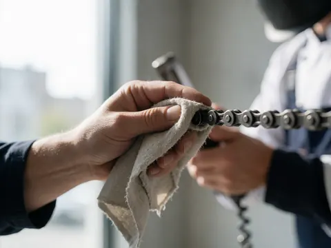 Une main utilise un chiffon pour nettoyer la chaîne d'un vélo dans un atelier avec un mur en béton et une lumière naturelle.