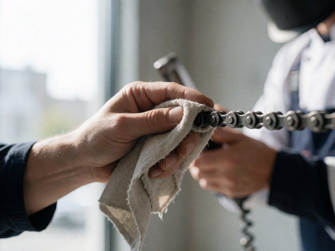Une main utilise un chiffon pour nettoyer la chaîne d'un vélo dans un atelier avec un mur en béton et une lumière naturelle.