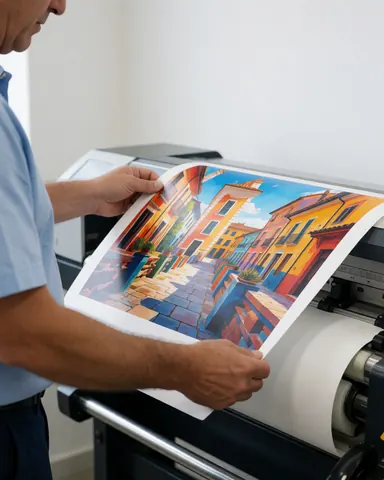 Un client examine une impression grand format aux couleurs vibrantes sortant d'une imprimante dans un atelier aux murs blancs.