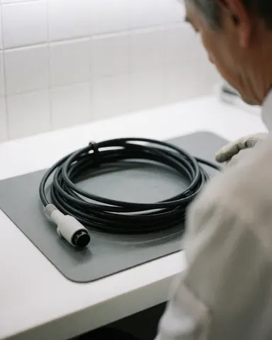 Câble noir de casque VR avec connecteur blanc posé sur une surface grise, vue de dos d'une personne dans un centre de loisirs à murs carrelés blancs