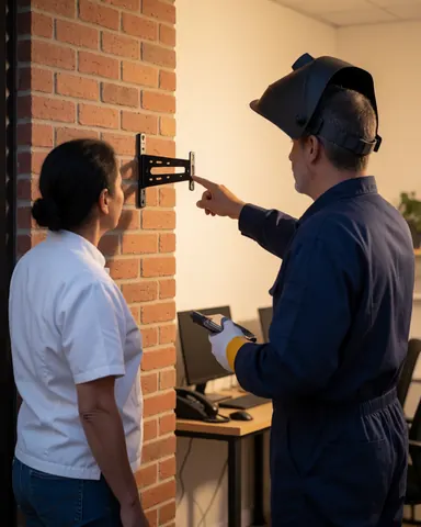 Technicien en casque de soudeur présente une installation d'antenne sur un mur en brique à une cliente attentive dans un cadre professionnel.