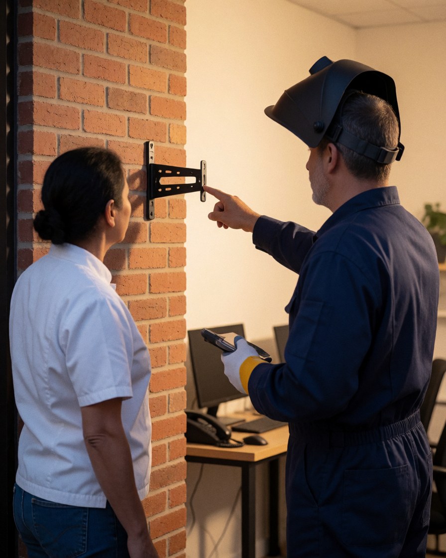 Technicien en casque de soudeur présente une installation d'antenne sur un mur en brique à une cliente attentive dans un cadre professionnel.