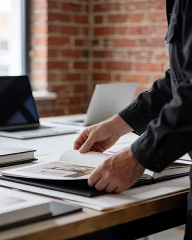 Mains ridées d'un photographe de mariage tournant une page d'album sur une table de travail avec des ordinateurs portables et un mur de briques en arrière-plan.