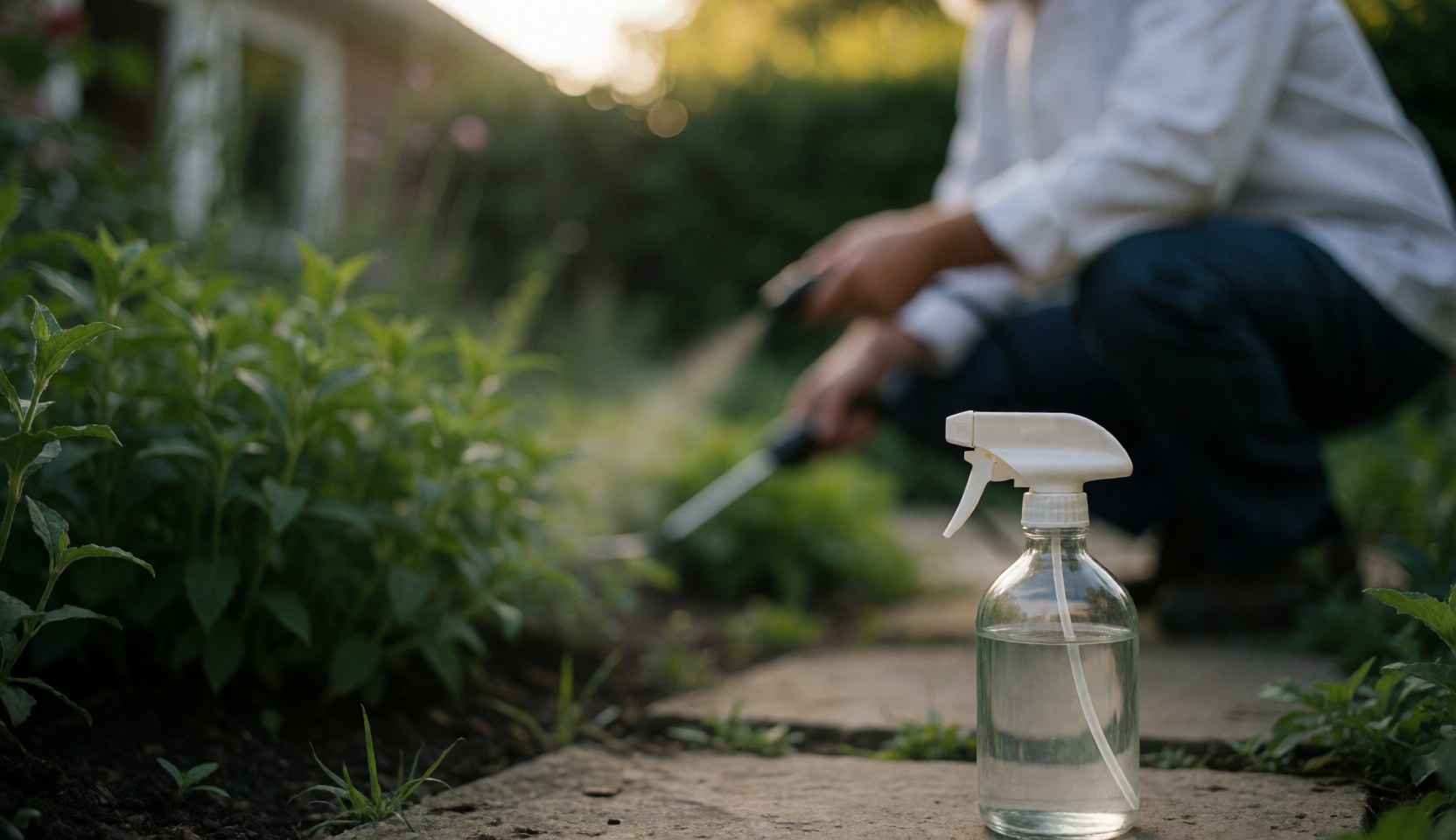 Bouteille d'insecticide biologique posée dans un jardin avec des plantes vertes et une personne travaillant en arrière-plan pour le contrôle des ravageurs.