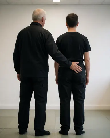Un entraîneur de boxe ajuste la posture de son élève en posant sa main sur sa hanche, tous deux vêtus de noir dans un gymnase aux murs blancs.