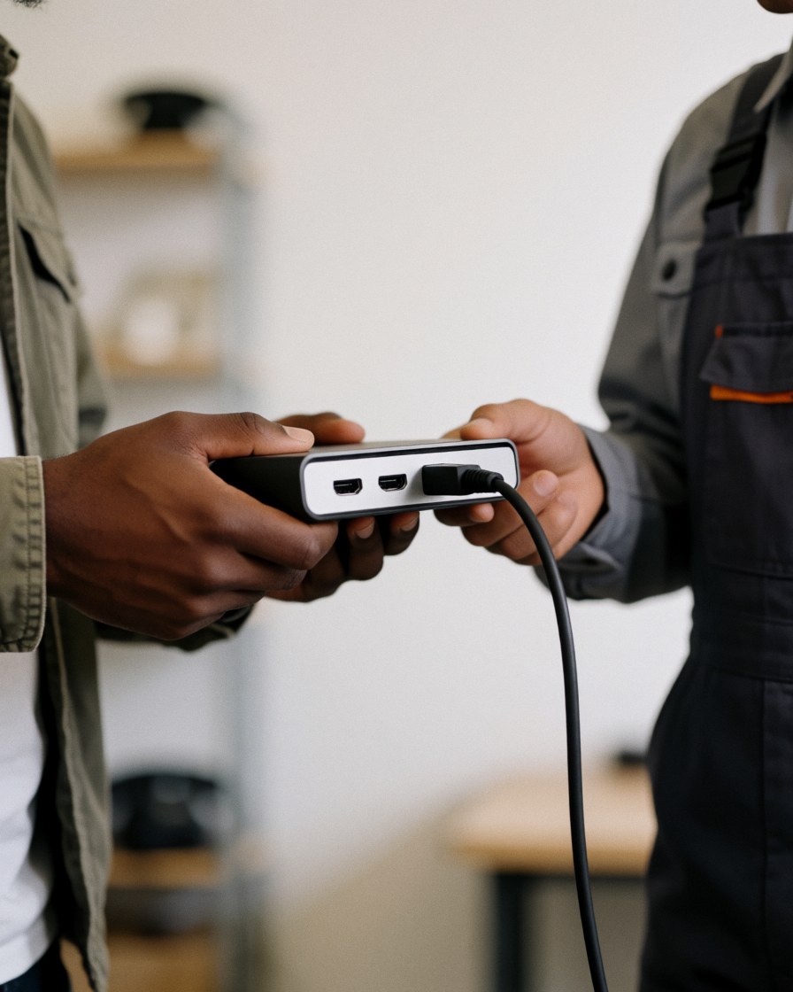 Une cliente teste une console de jeux vidéo réparée dans un atelier éclairé par une lumière chaude, avec un technicien en tenue de travail à proximité.