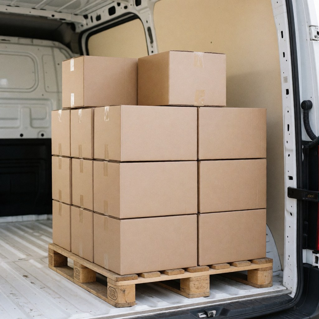 Cartons en carton empilés sur une palette à l'intérieur du coffre d'une camionnette blanche, prêts pour le transport de marchandises.