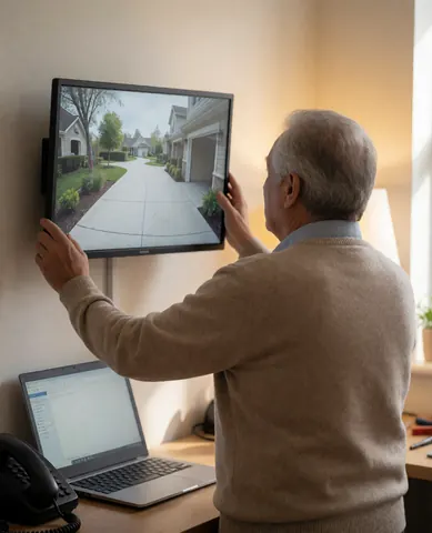 Un client examine une caméra de sécurité installée sur un mur, offrant une vue claire de l'entrée avec une ambiance chaleureuse et rassurante.