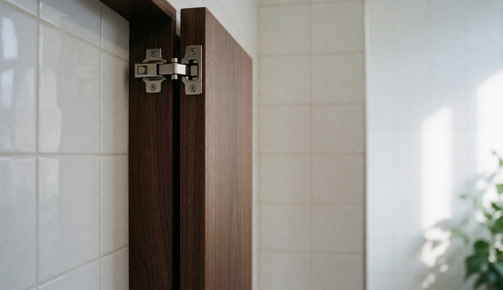 Porte en bois sombre avec charnière métallique se fermant doucement dans une salle de bain carrelée de blanc, idéale pour meubles de salle de bain ou cuisine.