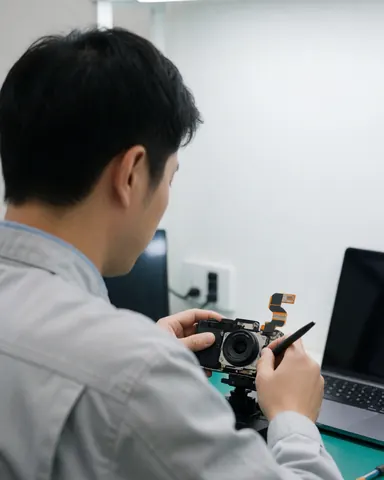 Technicien réparant un module de caméra avec un câble flexible connecté dans un atelier propre et professionnel, idéal pour les services de réparation de téléphones portables.