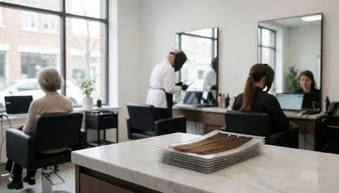 Perruques capillaires posées sur le comptoir d'un salon de coiffure moderne avec éclairage naturel.