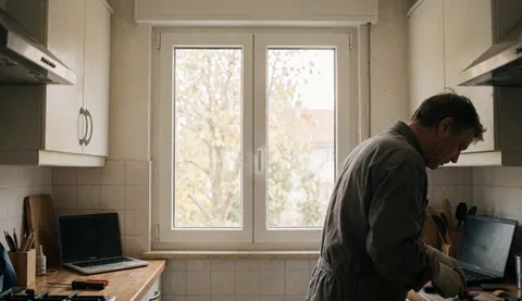 Un homme pose une fenêtre blanche dans une cuisine équipée de placards blancs et baignée de lumière naturelle, avec des outils visibles.